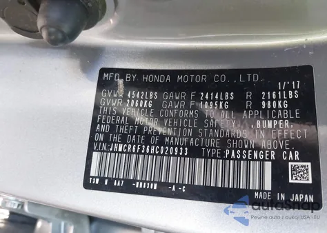 2017 Honda Accord Hybrid from USA, damaged, VIN JHMCR6F36HC020933